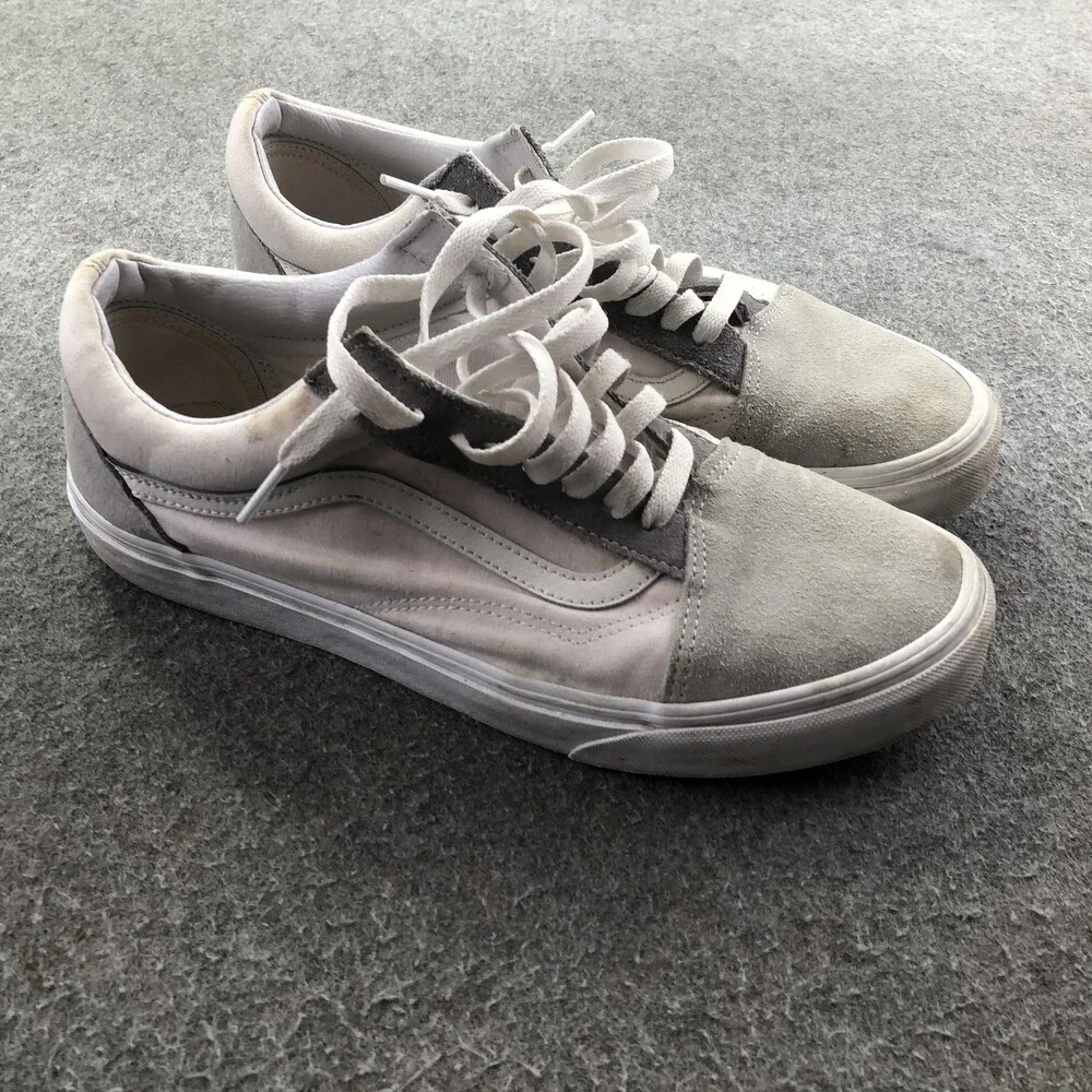 Vans Old Skool Shoes Mens Size 10 White Gray Canvas Skate Sneakers Low Top